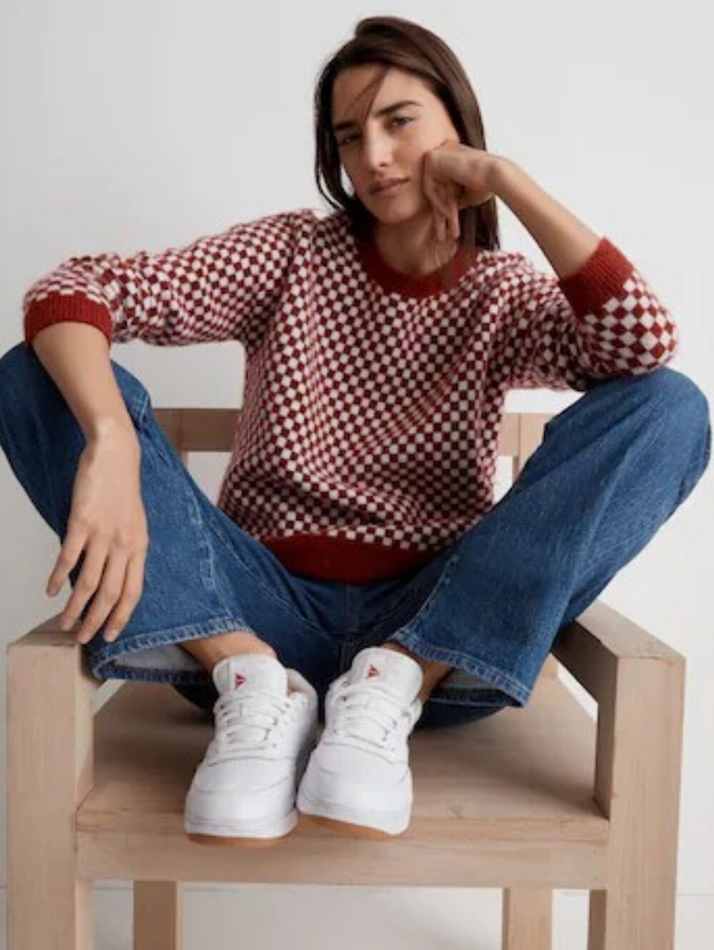 Madewell Red & White Checkerboard Crew Sweater